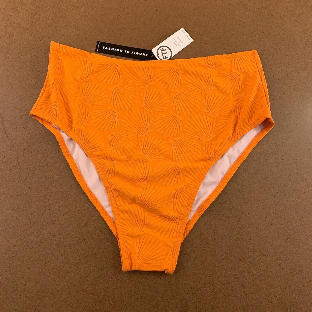 Fashion To Figure Womens 1X Orange Shell Print High Waist Bikini Swim Bottom NWT